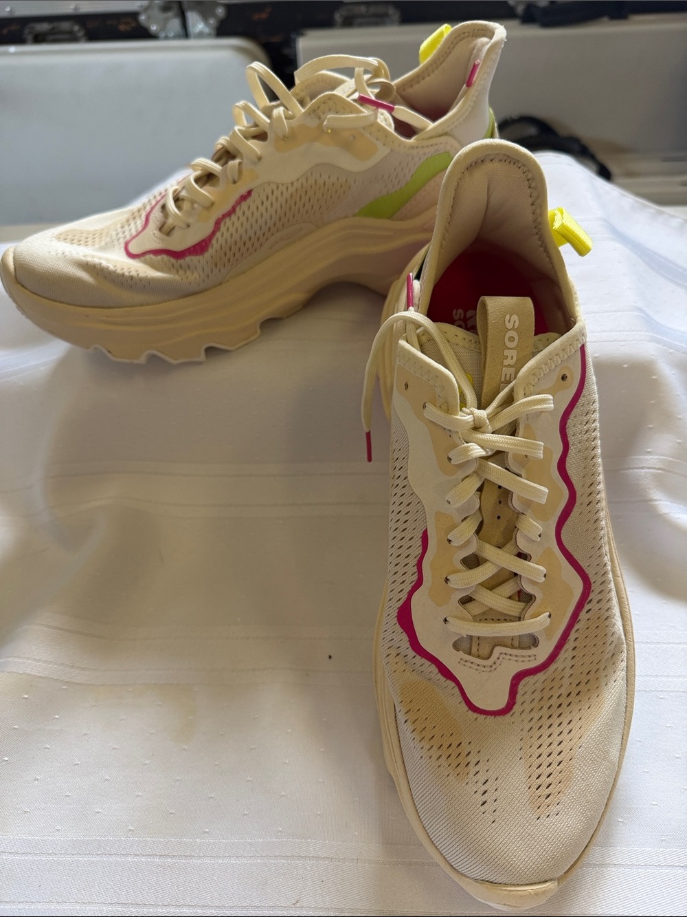 Sorel Women's Cream Sneakers with Pink and Neon Yellow Accents